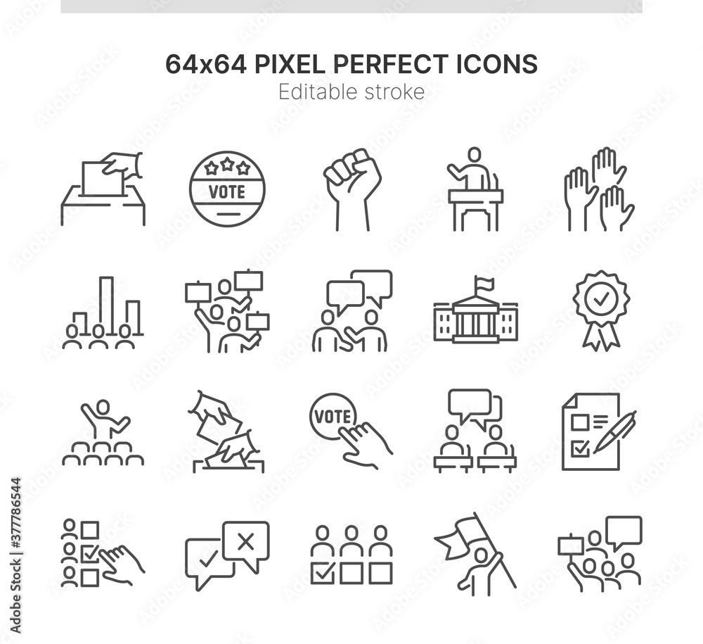 Simple Set of Icons Related to Elections. Contains such icons as Demonstration, Public Speech, Voting and more. Lined Style. 64x64 Pixel Perfect. Editable Stroke. - obrazy, fototapety, plakaty 