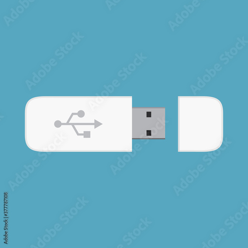 Single white open & closed Usb / Usb card / Flash driver memory icon, flat design illustration, interface element for app ui ux web banner button, graphic vector eps isolated on blue background