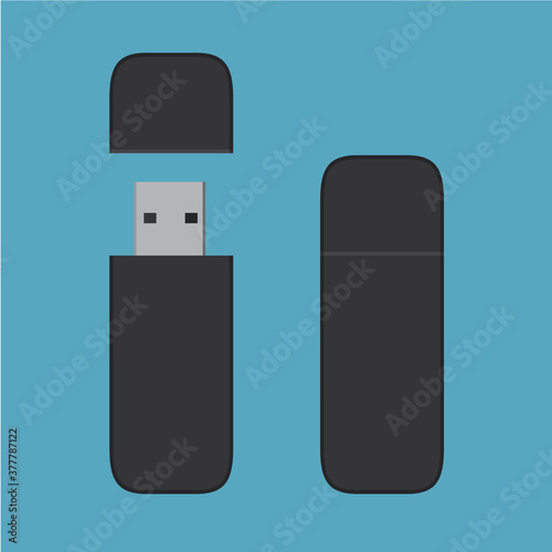 Black open & closed Usb / Usb card / Flash driver / Flash memory icon, flat design illustration, interface element for app ui ux web banner button, graphic vector eps isolated on blue background