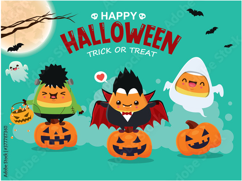 Vintage Halloween poster design with vector vampire, demon, ghost character. 