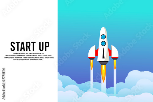Rocket launch in the sky, cloud, smoke clouds, space. Space ship. interstellar travels. Business concept. Start up template. background. Simple modern cartoon design. Flat vector illustration.
