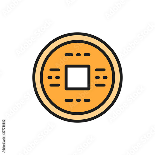 Japanese money, yen, feng shui coin, amulet for good luck flat color line icon.