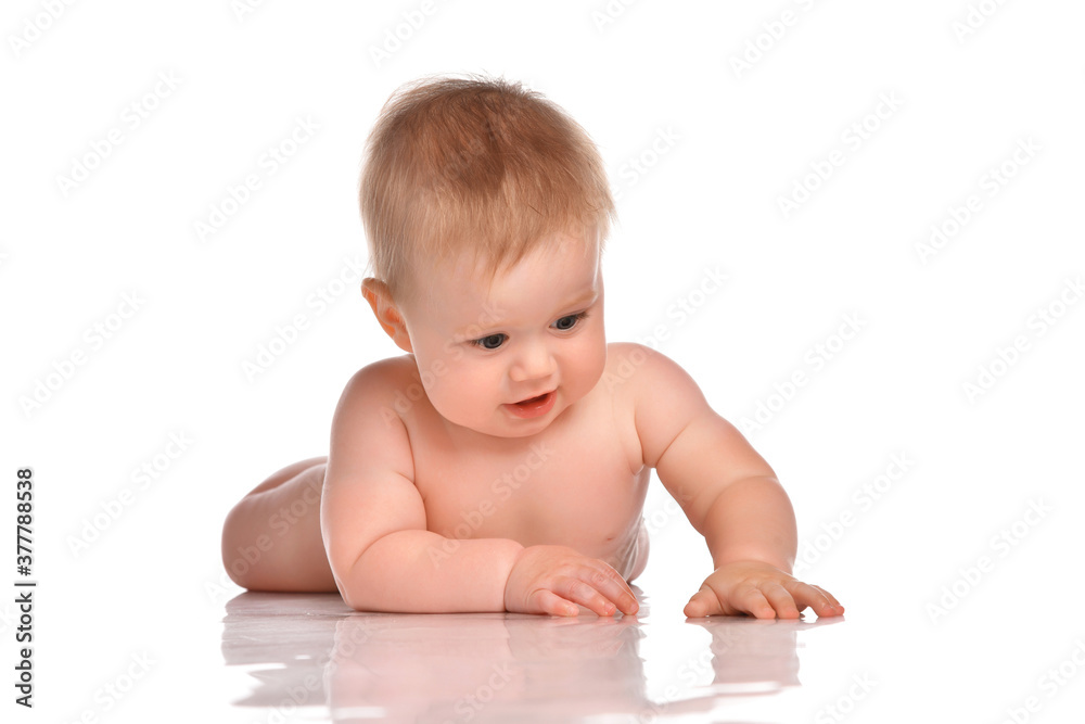 Enthusiastic smiling toddler boy crawling on all fours on white background Enthusiastic smiling toddler boy crawling on all fours on white background