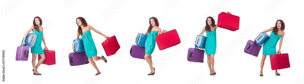 Woman traveller with suitcase isolated on white Woman traveller with suitcase isolated on white