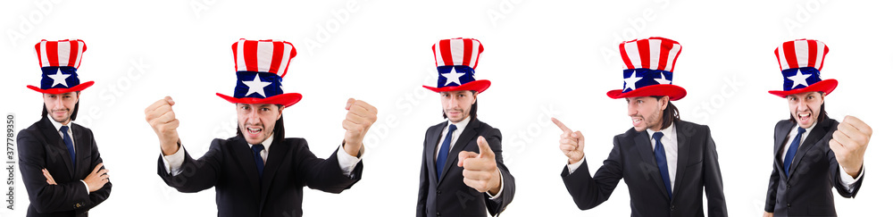 Man with american flag isolated on white Man with american flag isolated on white