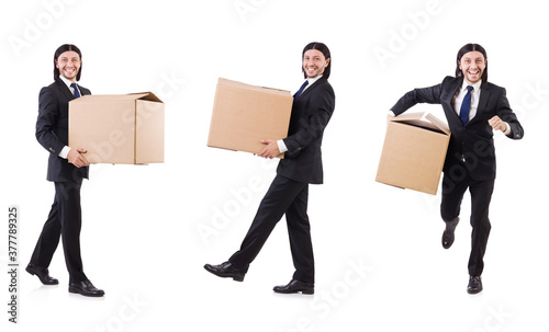 Funny man with boxes on white