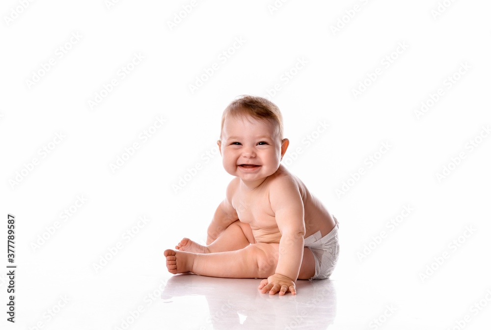 cute toddler baby in diapers smiling happily on white background cute toddler baby in diapers smiling happily on white background