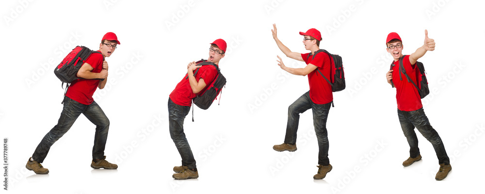 Young traveller with backpack isolated on white Young traveller with backpack isolated on white