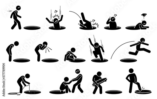 Stick figure man and a hole on the floor. Vector illustrations of a person fall into, climbing out, look into, go inside, jump over, and cover a hole on the ground.