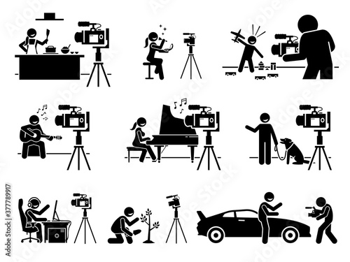 Social media influencers and Internet video content creator stick figure pictogram. Vector illustrations of man and woman creating video by showing their skills, expertise, and by being a reviewer.