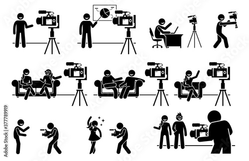 Social media influencers and Internet video content creator stick figure pictogram. Vector illustrations of man and woman creating video by talking, explaining, and promoting business and lifestyle.