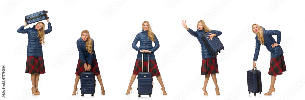 Fototapeta premium Pretty female model in blue jacket isolated on white