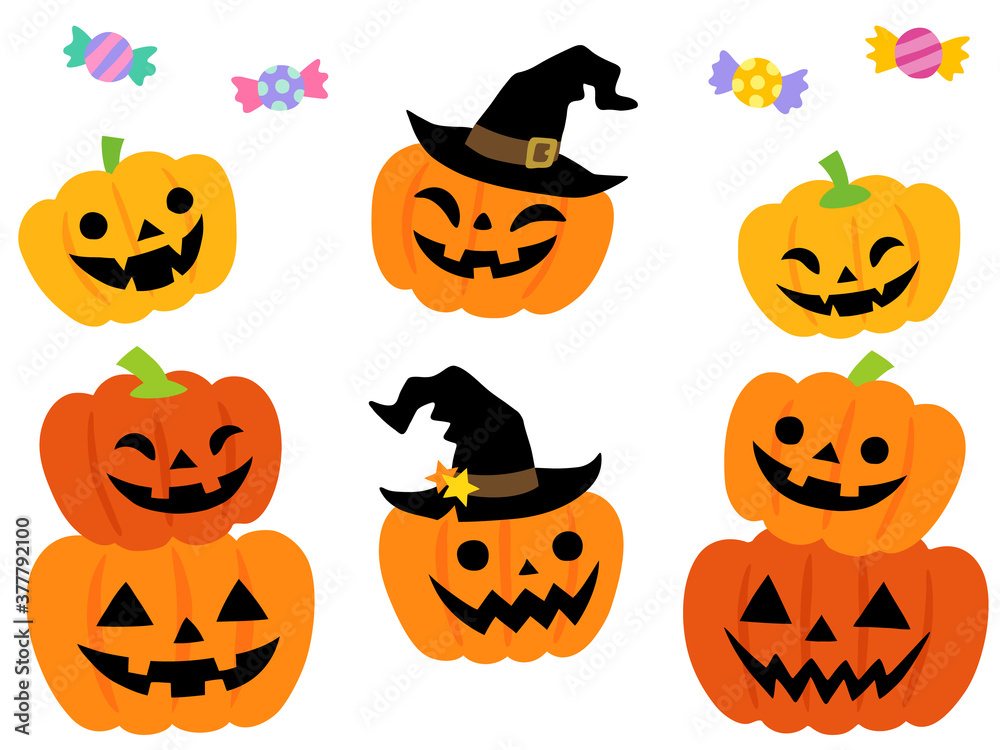 ハロウィンのかぼちゃのイラストセット 3段重ね 魔女の帽子をかぶる Stock Vector Adobe Stock