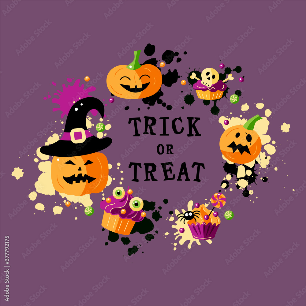 Trick or treat. Halloween card with pumpkin and funny cupcakes. Place for text. Flat style vector illustration. Great for poster, greeting card, web, invites. Round frame.