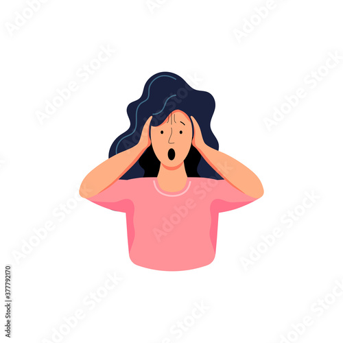 Woman holds her hands on her head and expresses emotions - fear, surprise, pain, stress. Flat cartoon style vector illustration on white background.