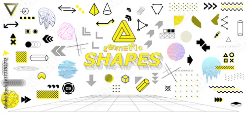 Universal geometric memphis design elements.Minimal trendy shapes. Futuristic elements for modern poster, cover, banner, flyer and other. Concept Retro futuristic with glitched and 3d elements. Vector