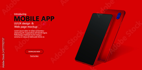 Red Minimalist smartphone mockup on red background in web page design style. Clay mobile phone for presentation UI, UX, KIT and web design. Perspective 3D realistic smartphone. Vector illustration