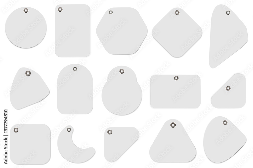 Blank label. Realistic blank price label mockup template icon set isolated on white. Vector empty tag or docket different shape and form with hole illustration. Merchandise promotion material Blank label. Realistic blank price label mockup template icon set isolated on white. Vector empty tag or docket different shape and form with hole illustration. Merchandise promotion material