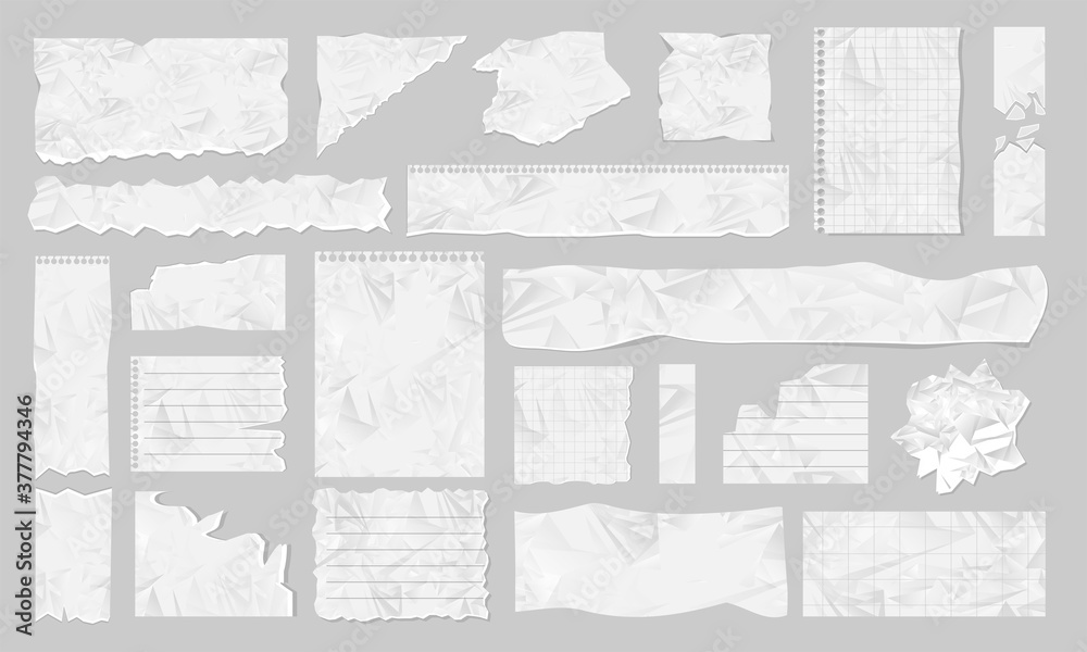 Paper scrap. Blank ripped paper, torn page piece and scrapbook note paper piece, stripe isolated icon set. Vector texture page, textured memo sheet or notepad shred, crumpled scrap illustration - obrazy, fototapety, plakaty 