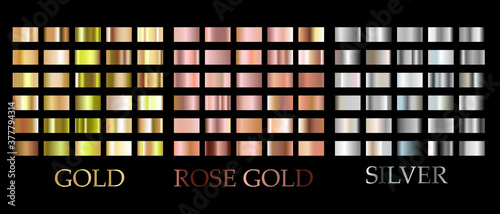 Gradient square. Shiny glowing rose, gold, silver gradient square set. Vector colorful metallic background, cover, frame, ribbon design element illustration. Luxury alloy palette on dark space