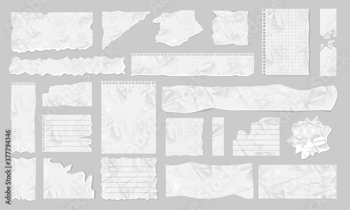 Paper scrap. Blank ripped paper, torn page piece and scrapbook note paper piece, stripe isolated icon set. Vector texture page, textured memo sheet or notepad shred, crumpled scrap illustration