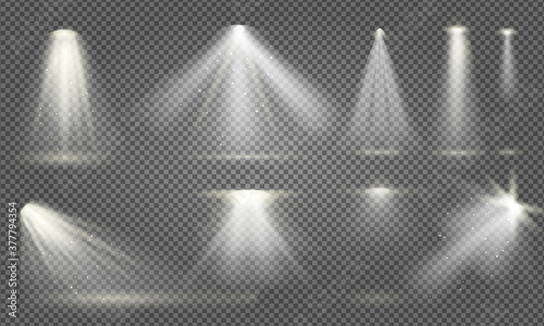 Spotlight effect. Realistic shining searchlight icon set isolated on transparent background. Glowing scene light effect. Vector studio or stage lamp illumination collection. Floodlight illustration
