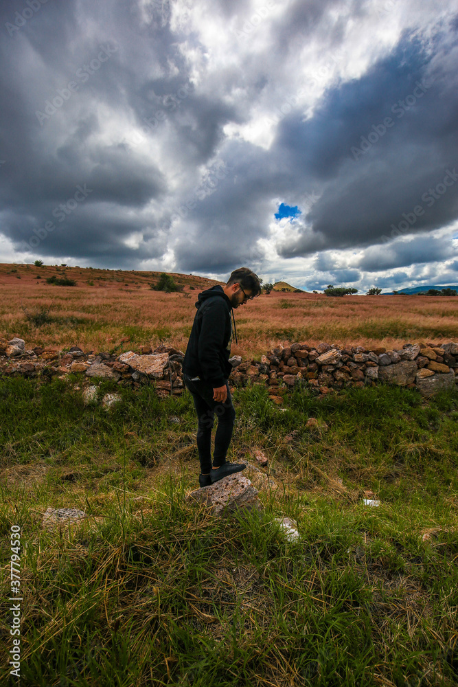 Traveler standing on log in Landscape in a rock