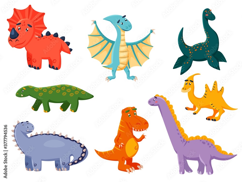 Funny dinosaur. Kawai monster collection. Colorful dinosaurs cartoon character illustration. Prehistoric cute dino different kind. Funny animal of jurassic era vector icon set isolated on white