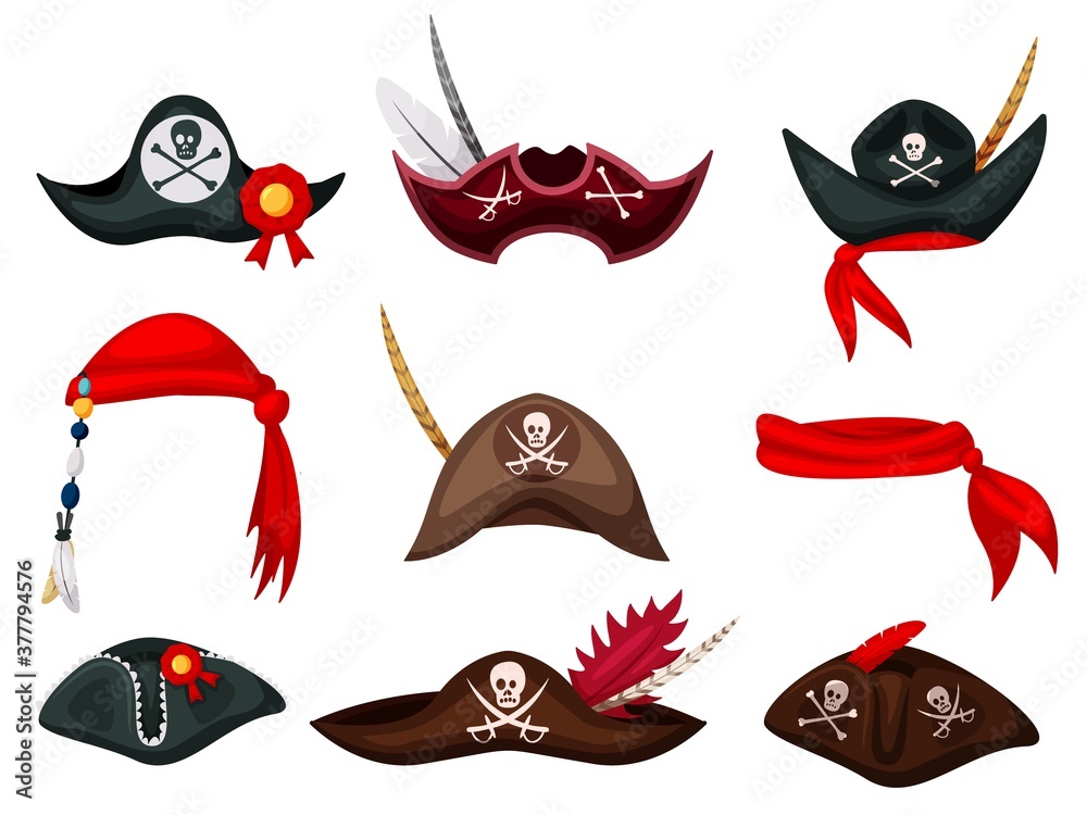 Pirate hat. Carnival pirate mask, hat and bandana costume collection.  Festive clothes accessory. Filibuster headgear outfit icon isolated set.  Vector buccaneer headdress. Sea piracy cap illustration Stock ベクター | Adobe  Stock