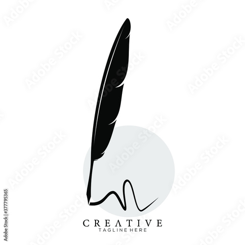 feather pen logo silhouette with circle light grey vector design template