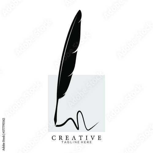 feather pen logo silhouette with square light grey vector design template