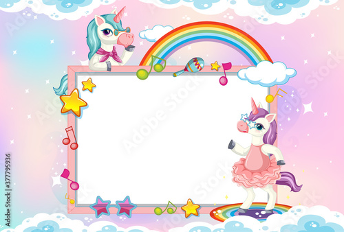 Blank banner with cute unicorn in the pastel sky background