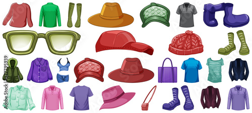 Set of fashion outfits and accessories on white background
