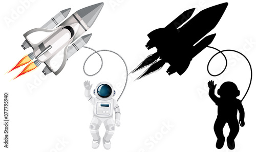 Set of astronaut characters and its silhouette on white background