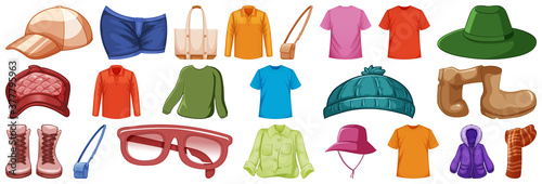 Set of fashion outfits and accessories on white background