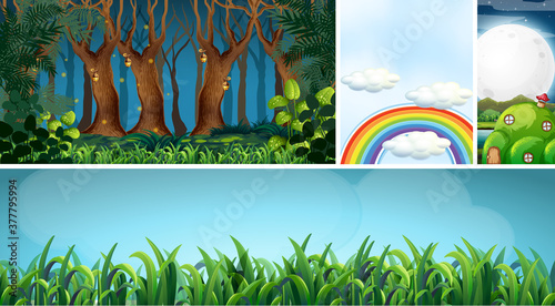 Six different scene of fantasy world with fantasy places such as night forest...