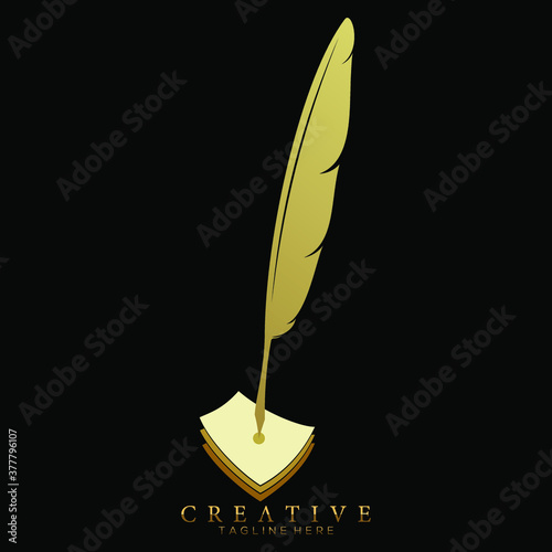 feather pen logo gold with 3 sheets of paper vector design template