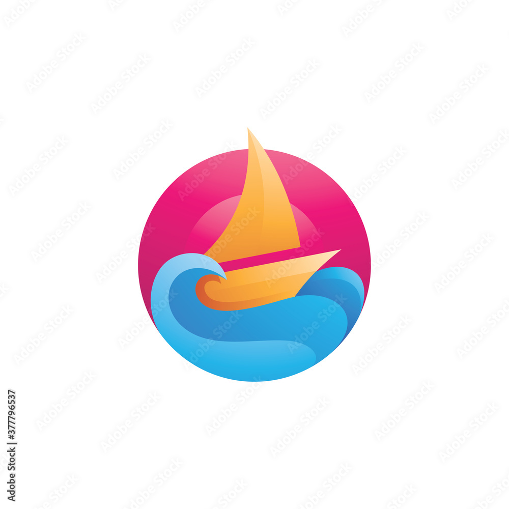 Boat Sail Water Wave Sea and Circle Shape as Sun and Sky Illustration Boat Sail Water Wave Sea and Circle Shape as Sun and Sky Illustration