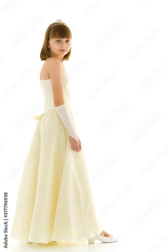 A little girl in a long, elegant dress of a princess.