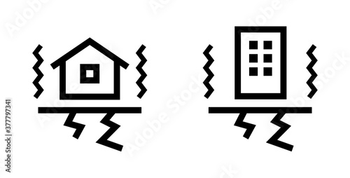 Vettoriale Stock 地震のアイコンのセット イラスト ひび割れ 被害 災害 割れる 揺れ 家 ビル 建物 Adobe Stock