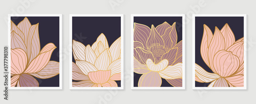 Luxury Lotus line arts cover design template. Hand draw gold lotus flower and leaves. Design for packaging design, social media post, cover, banner, Wall arts.  vector illustration.