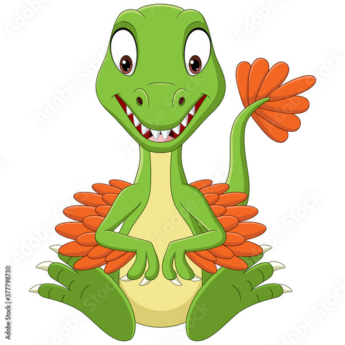 Cartoon baby velociraptor dinosaur sitting