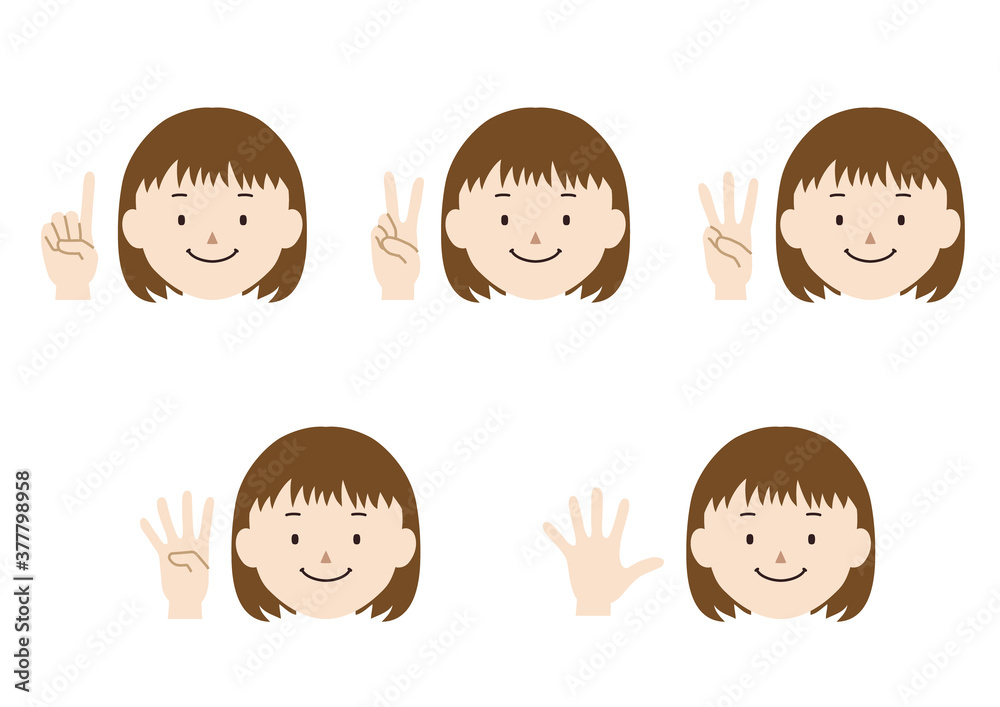 Set of illustrations of girl who expressing the numbers 1 to 5 with hand signs Set of illustrations of girl who expressing the numbers 1 to 5 with hand signs