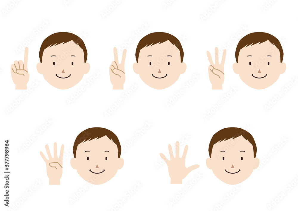 Set of illustrations of man who expressing the numbers 1 to 5 with hand signs Set of illustrations of man who expressing the numbers 1 to 5 with hand signs