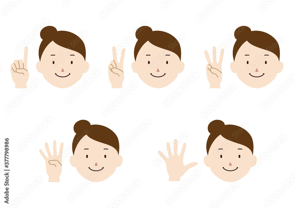Set of illustrations of woman who expressing the numbers 1 to 5 with hand signs Set of illustrations of woman who expressing the numbers 1 to 5 with hand signs