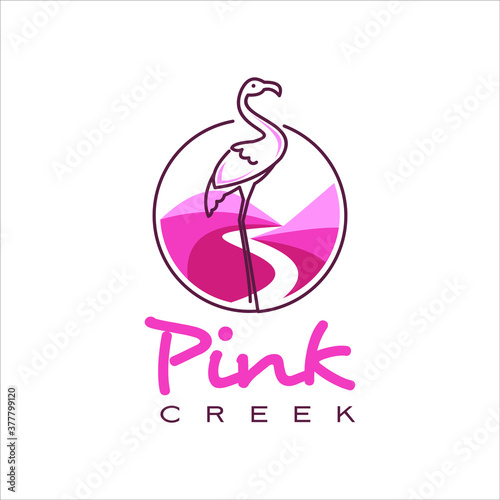 pink valley with line art Flamingo bird illustration