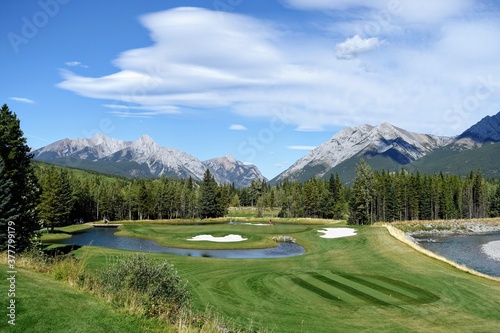 Картината върху платно Gorgeous par 3 on a golf course surrounded by forest and big mountains in the background, on a beautiful sunny day in Kananaskis, Alberta, Canada