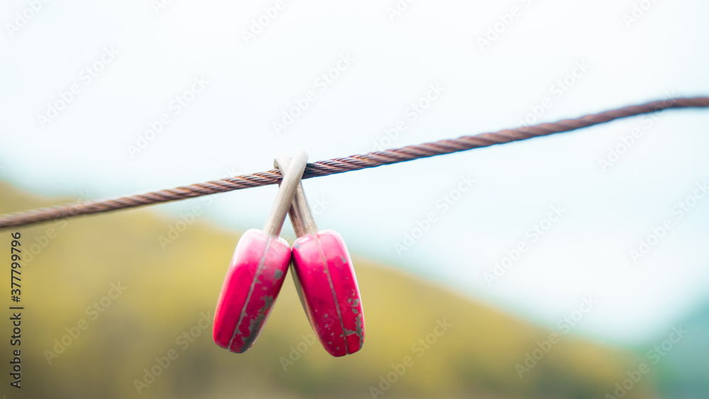red locks hang on cable with blurry nature background. safety life new normal concept. red locks hang on cable with blurry nature background. safety life new normal concept.