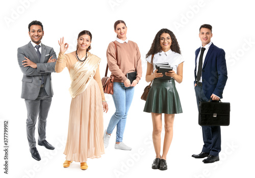 Collage with young Indian people on white background