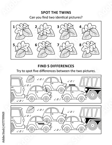 Activity sheet for kids with two visual puzzles, also can be used as coloring page, printable, fit Letter or A4 paper.
